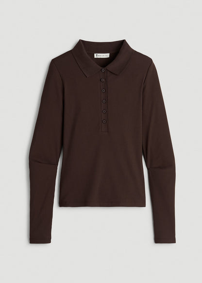 American Tall Women Ribbed Knit Long Sleeve Polo for Tall Women in Espresso