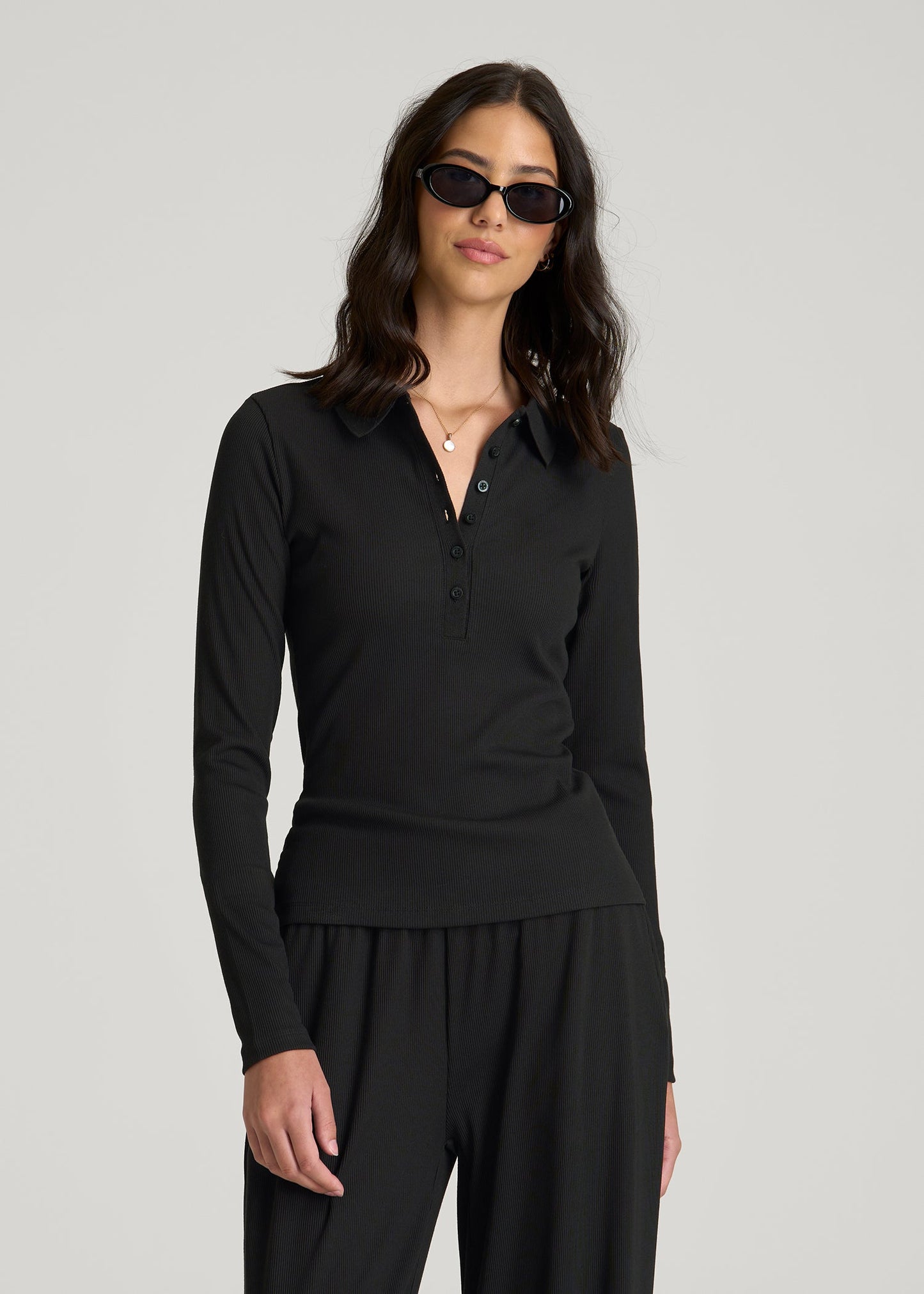 American Tall Women Ribbed Knit Long Sleeve Polo for Tall Women in Deep Black