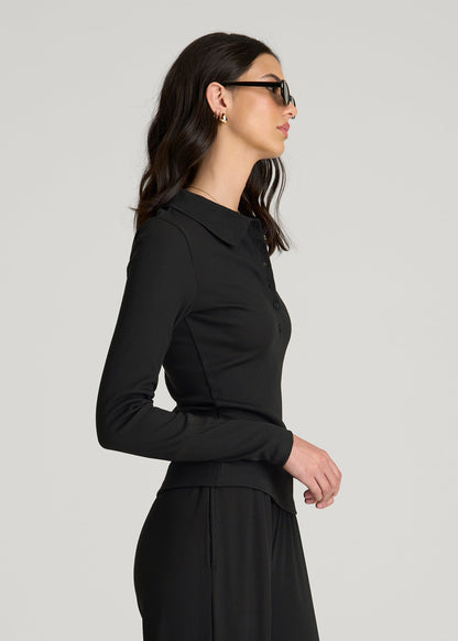 American Tall Women Ribbed Knit Long Sleeve Polo for Tall Women in Deep Black