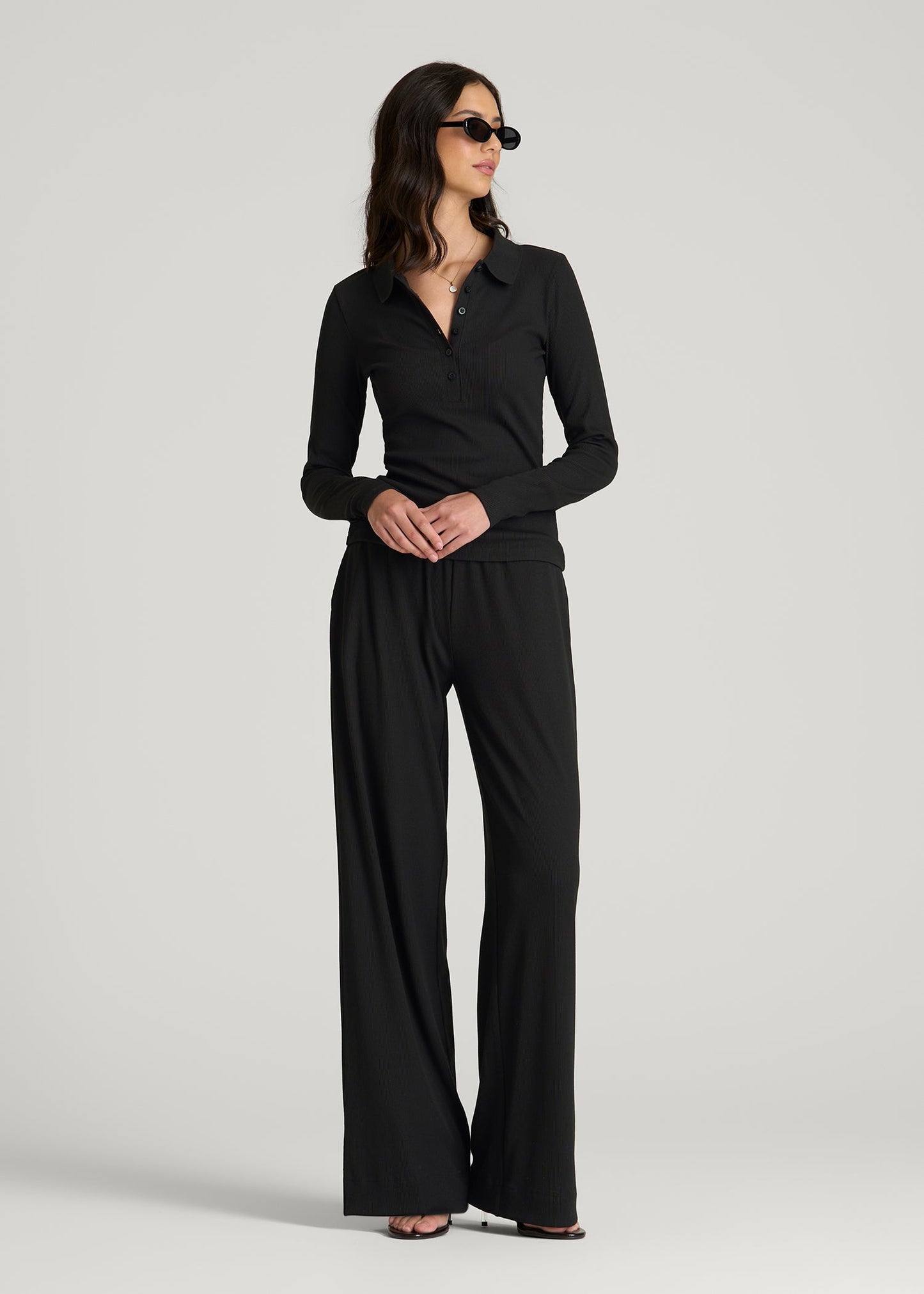 American Tall Women Ribbed Knit Long Sleeve Polo for Tall Women in Deep Black