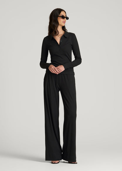 American Tall Women Ribbed Knit Long Sleeve Polo for Tall Women in Deep Black
