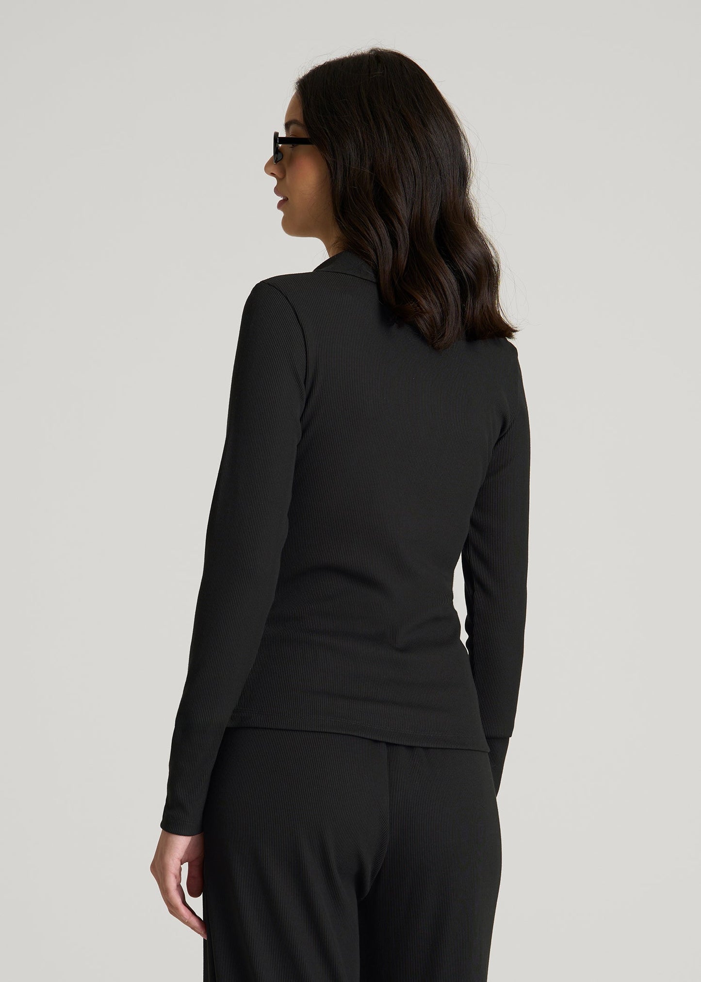American Tall Women Ribbed Knit Long Sleeve Polo for Tall Women in Deep Black