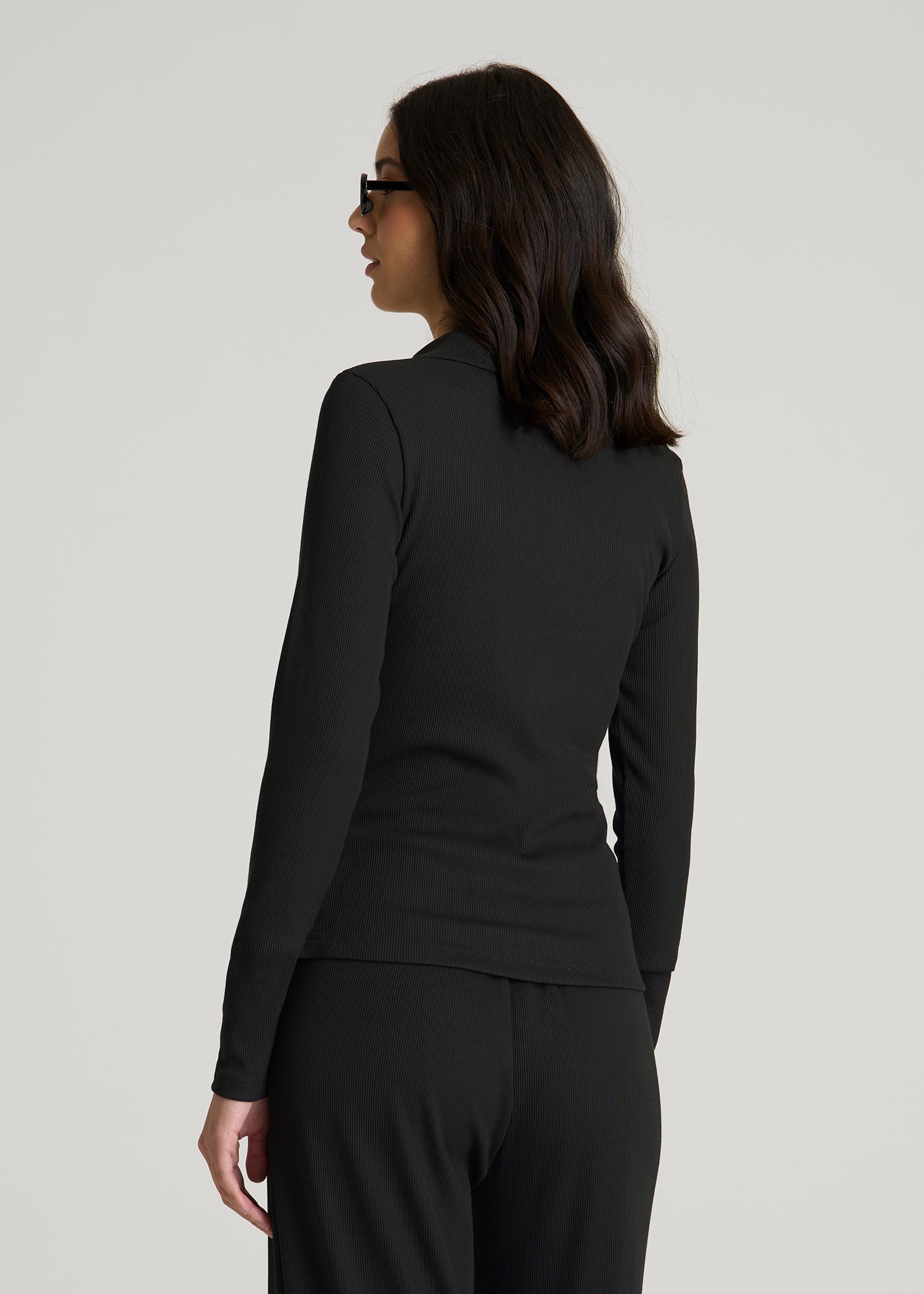 American Tall Women Ribbed Knit Long Sleeve Polo for Tall Women in Deep Black