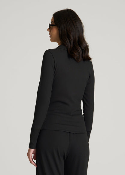 American Tall Women Ribbed Knit Long Sleeve Polo for Tall Women in Deep Black