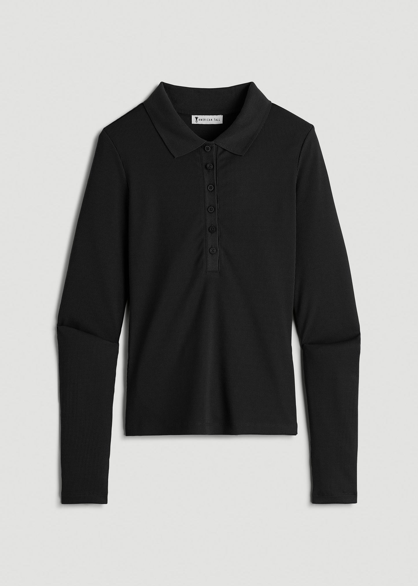 American Tall Women Ribbed Knit Long Sleeve Polo for Tall Women in Deep Black