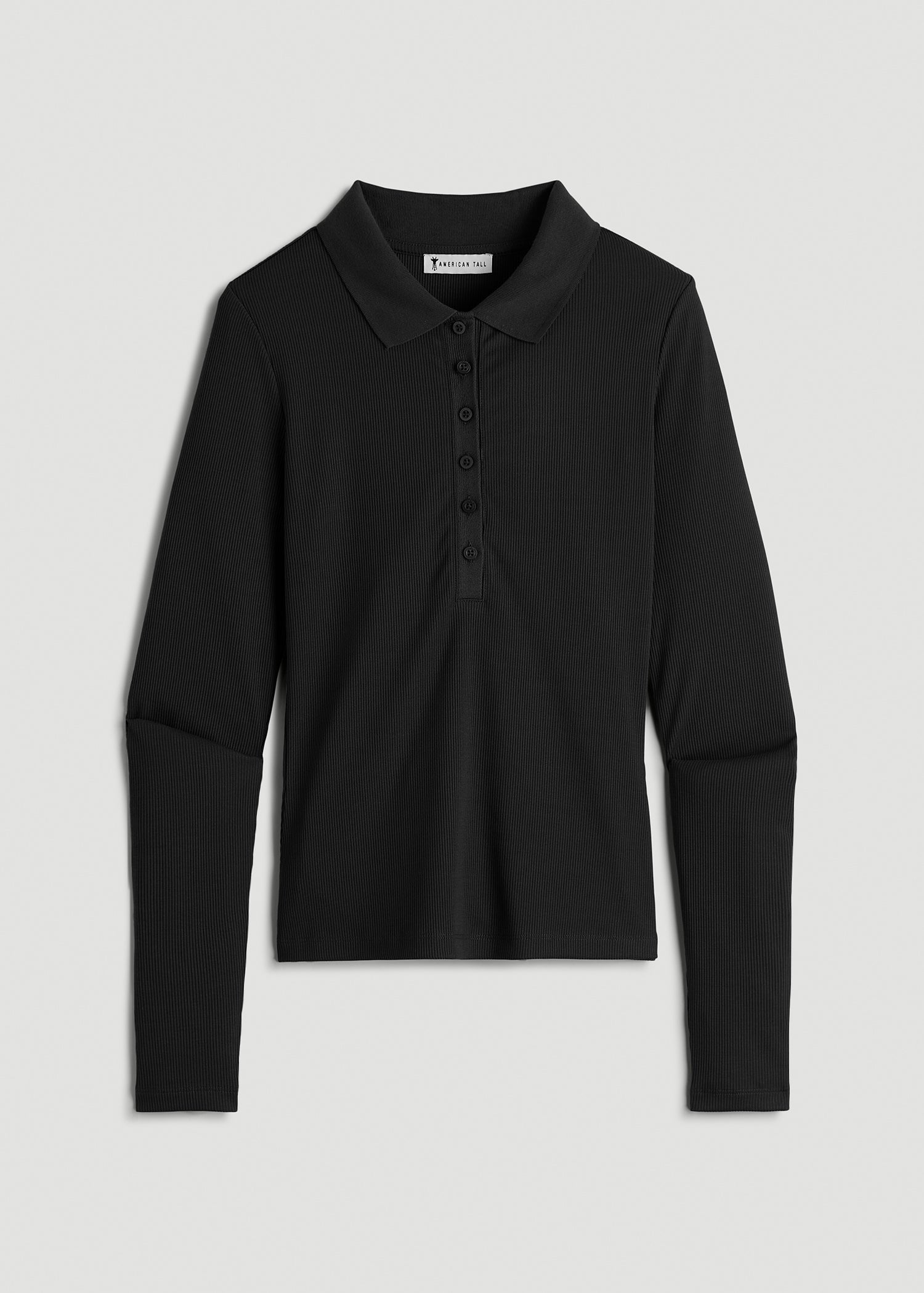 American Tall Women Ribbed Knit Long Sleeve Polo for Tall Women in Deep Black