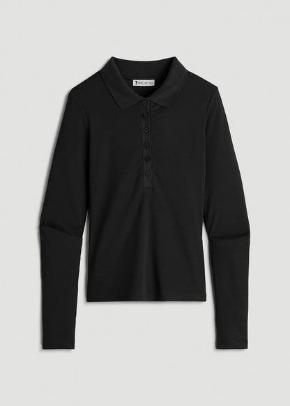 American Tall Women Ribbed Knit Long Sleeve Polo for Tall Women in Deep Black
