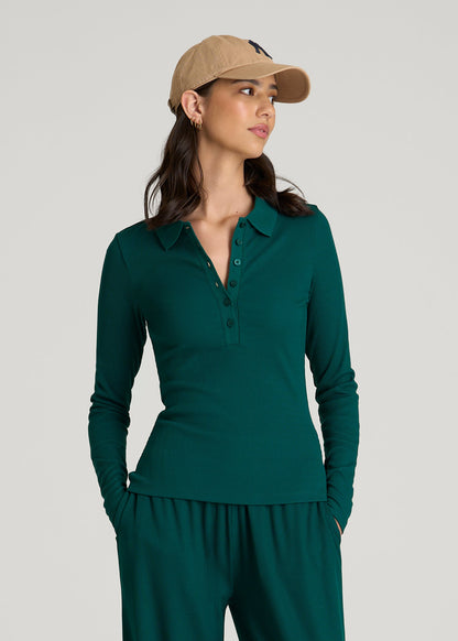 American Tall Women Ribbed Knit Long Sleeve Polo for Tall Women in Deep Teal