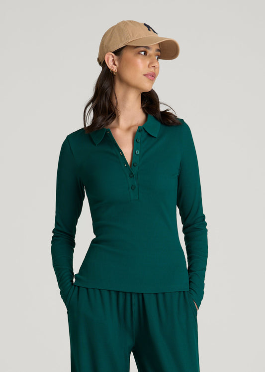 American Tall Women Ribbed Knit Long Sleeve Polo for Tall Women in Deep Teal