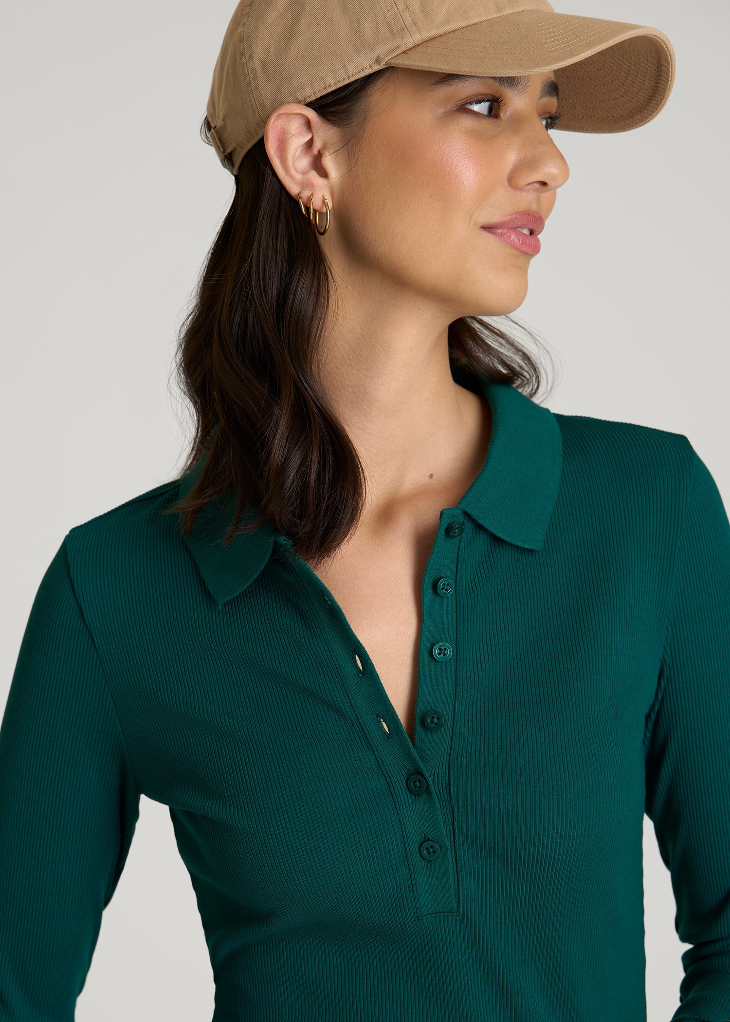 American Tall Women Ribbed Knit Long Sleeve Polo for Tall Women in Deep Teal