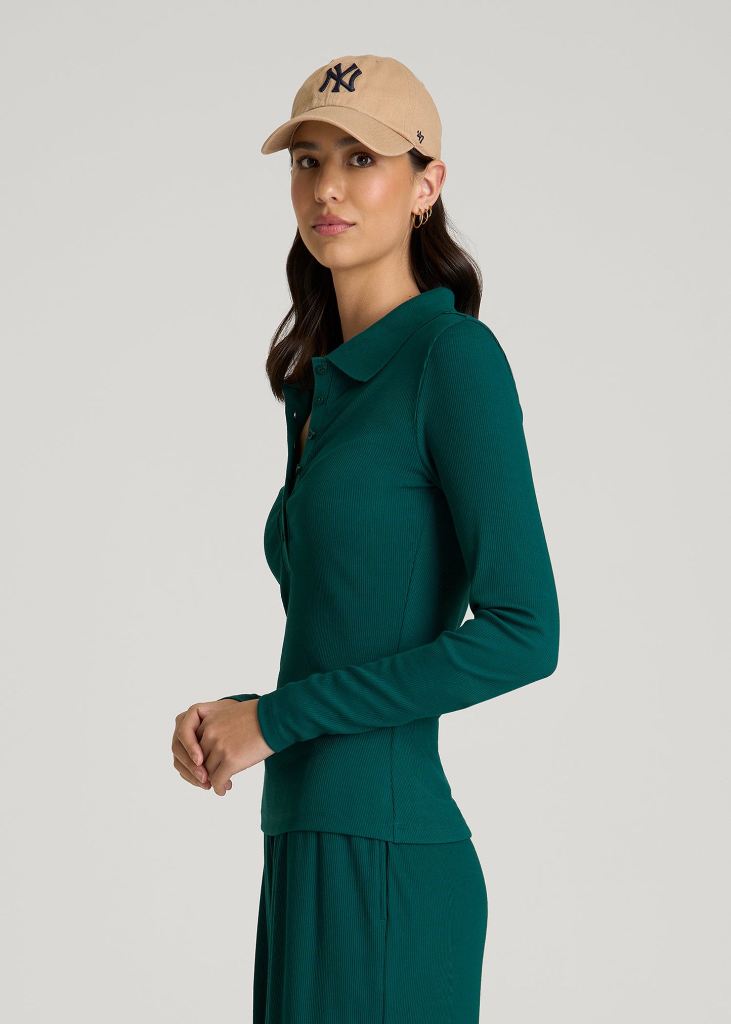 American Tall Women Ribbed Knit Long Sleeve Polo for Tall Women in Deep Teal