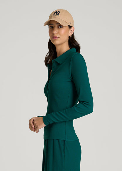 American Tall Women Ribbed Knit Long Sleeve Polo for Tall Women in Deep Teal