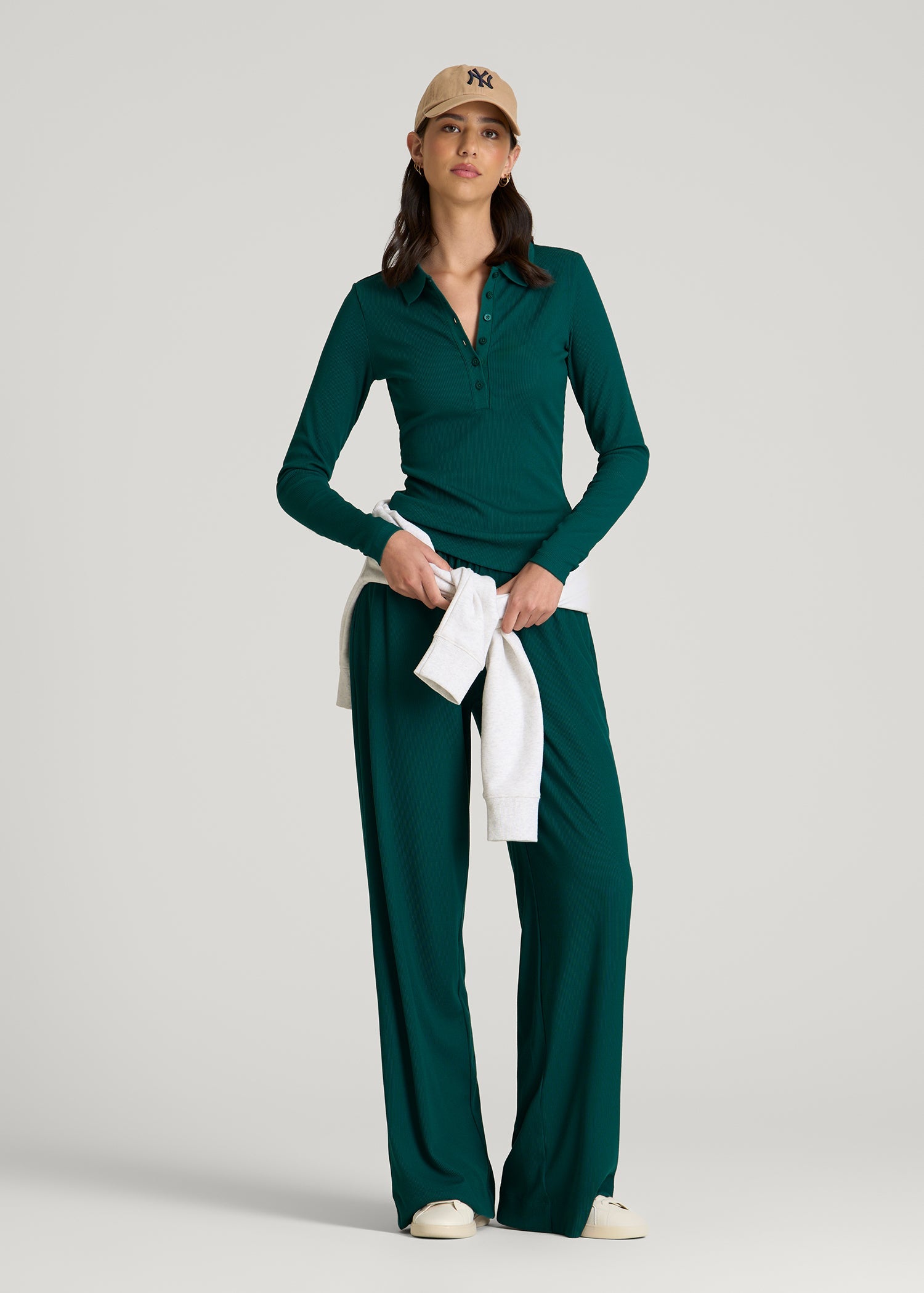American Tall Women Ribbed Knit Long Sleeve Polo for Tall Women in Deep Teal