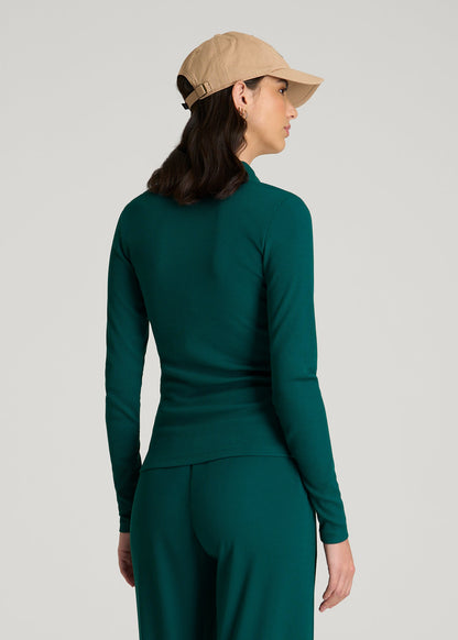 American Tall Women Ribbed Knit Long Sleeve Polo for Tall Women in Deep Teal
