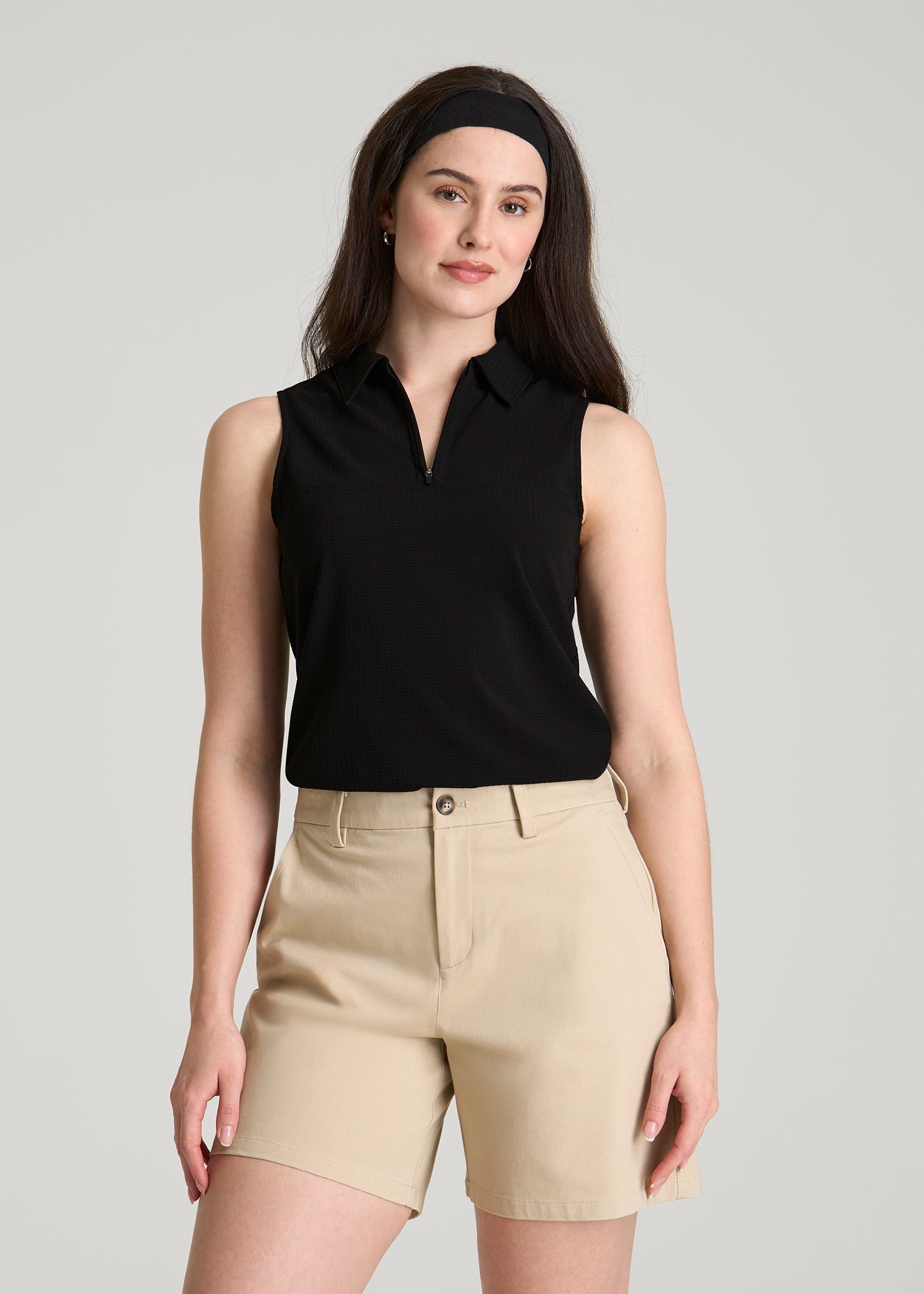 American Tall Women Coastal Perforated Sleeveless Polo for Tall Women in Black