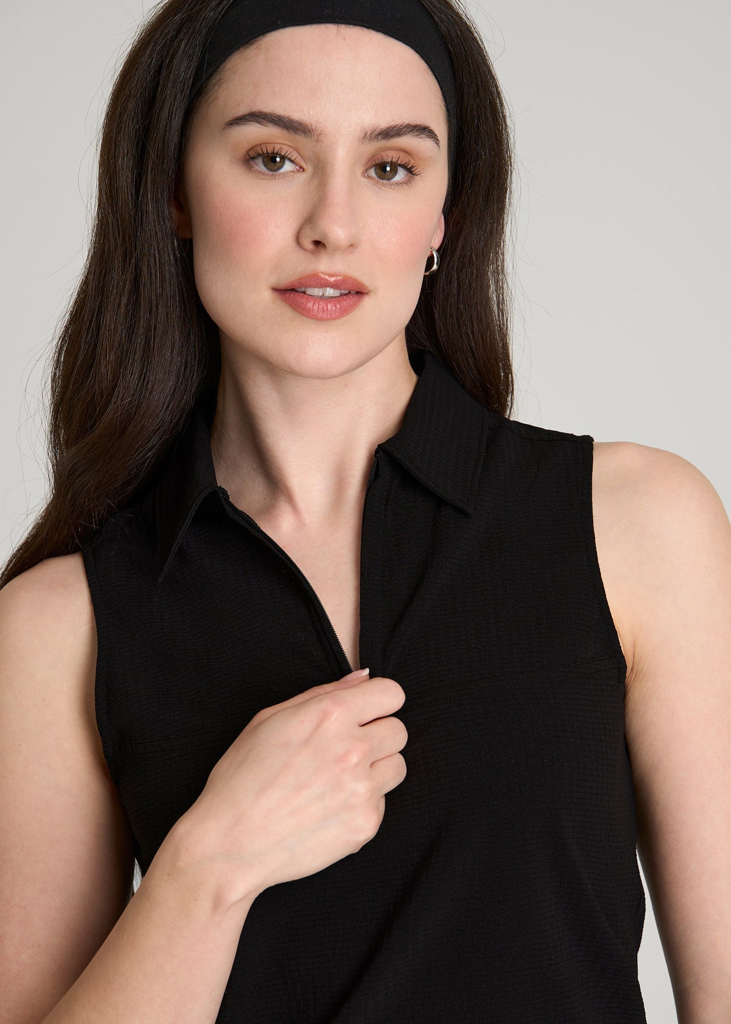 American Tall Women Coastal Perforated Sleeveless Polo for Tall Women in Black