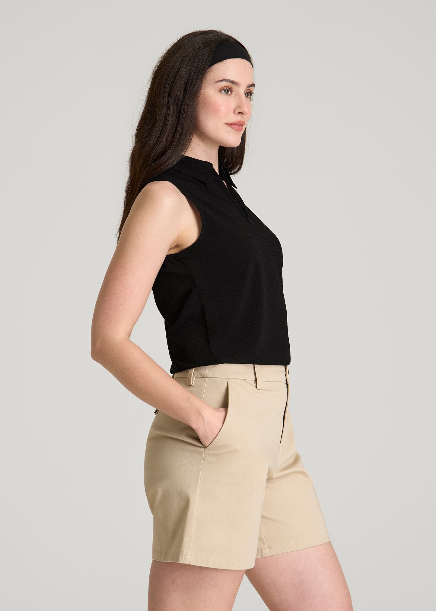 American Tall Women Coastal Perforated Sleeveless Polo for Tall Women in Black