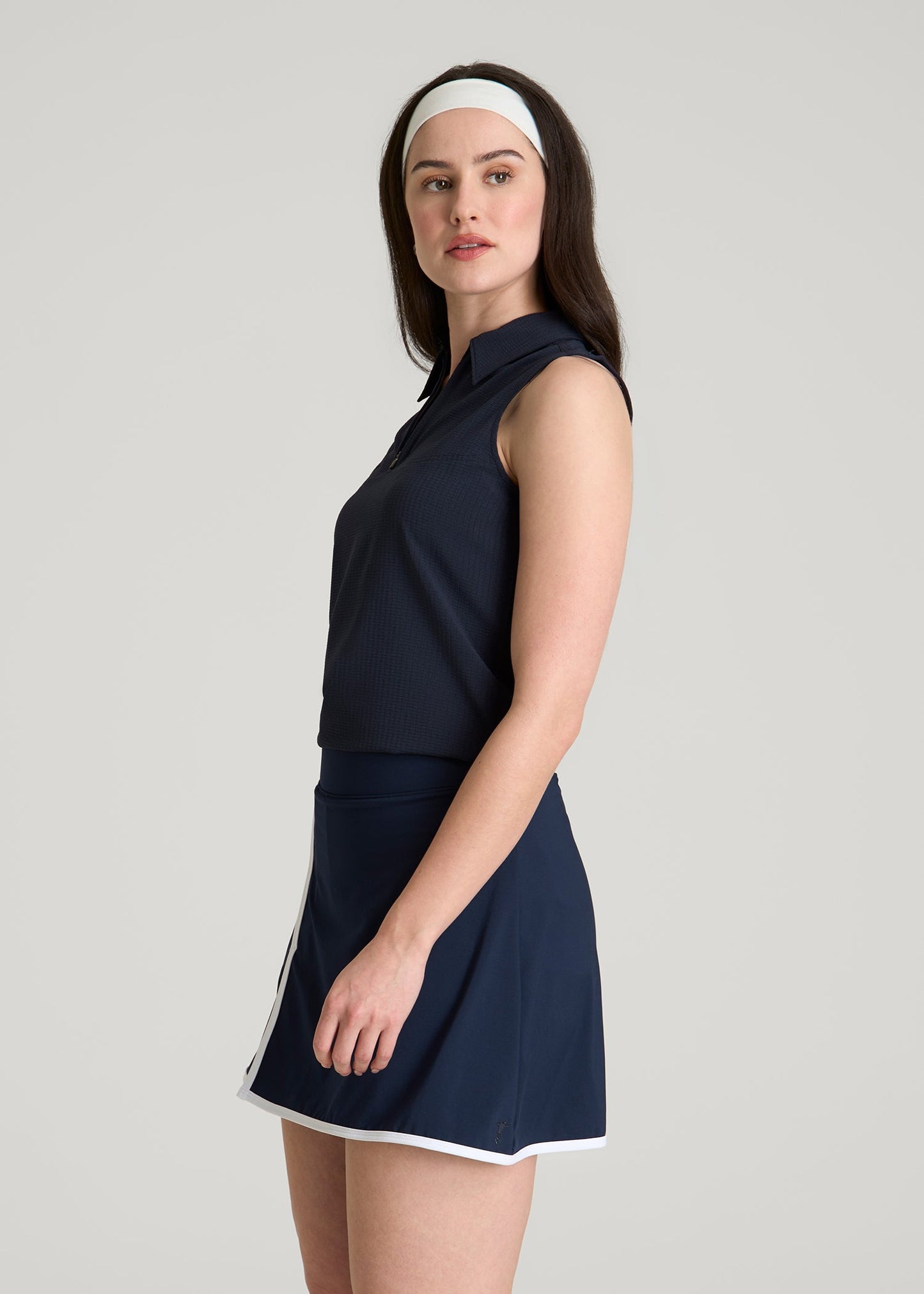 American Tall Women Coastal Perforated Sleeveless Polo for Tall Women in Navy