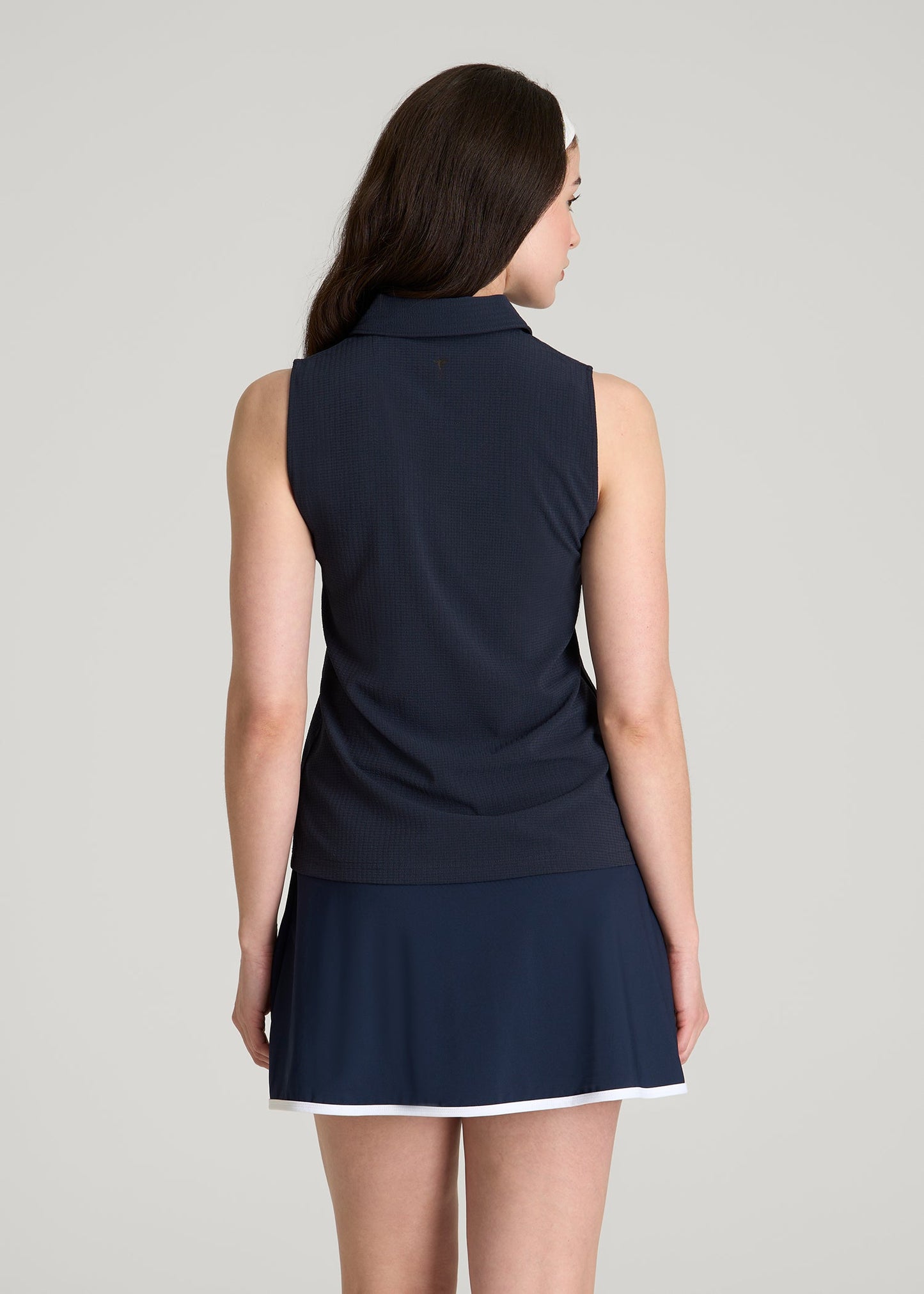 American Tall Women Coastal Perforated Sleeveless Polo for Tall Women in Navy