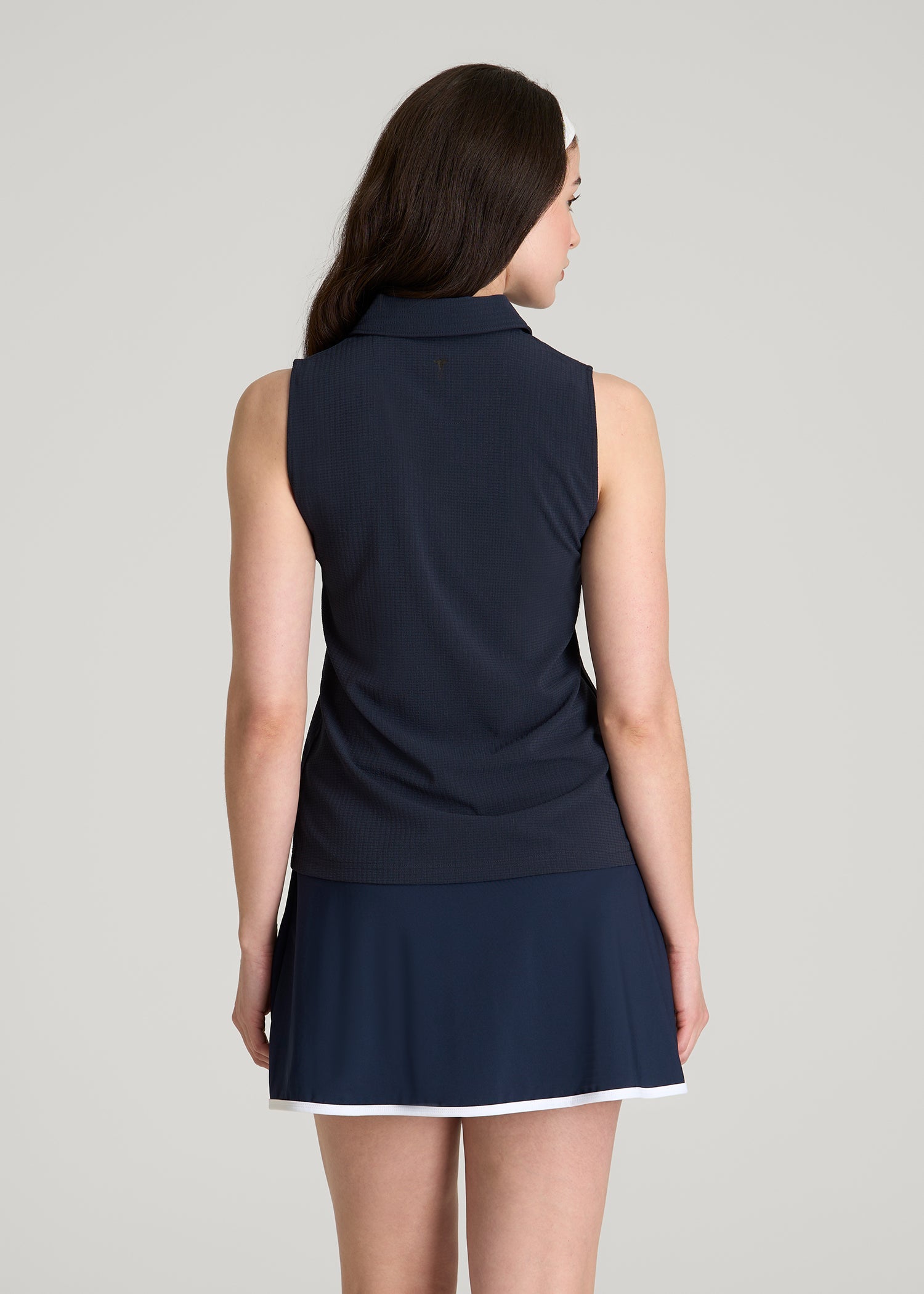 American Tall Women Coastal Perforated Sleeveless Polo for Tall Women in Navy