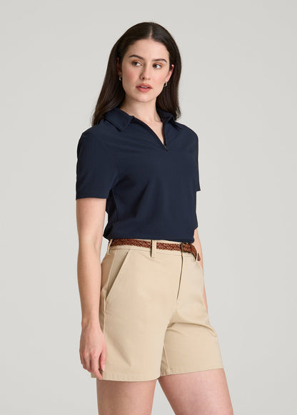 American Tall Women Coastal perforated short sleeve golf polo for Tall Women in Navy