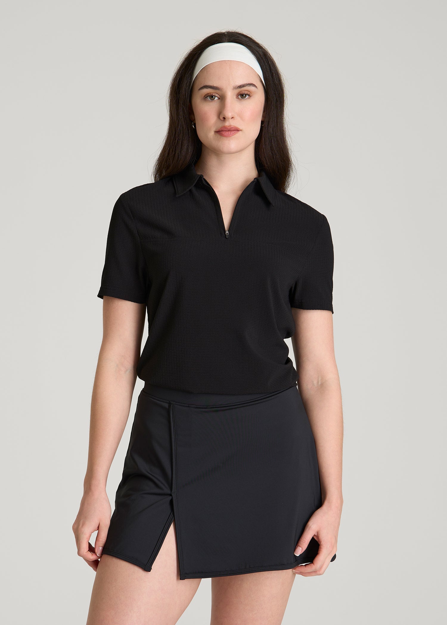 American Tall Women Coastal perforated short sleeve golf polo for Tall Women in Black