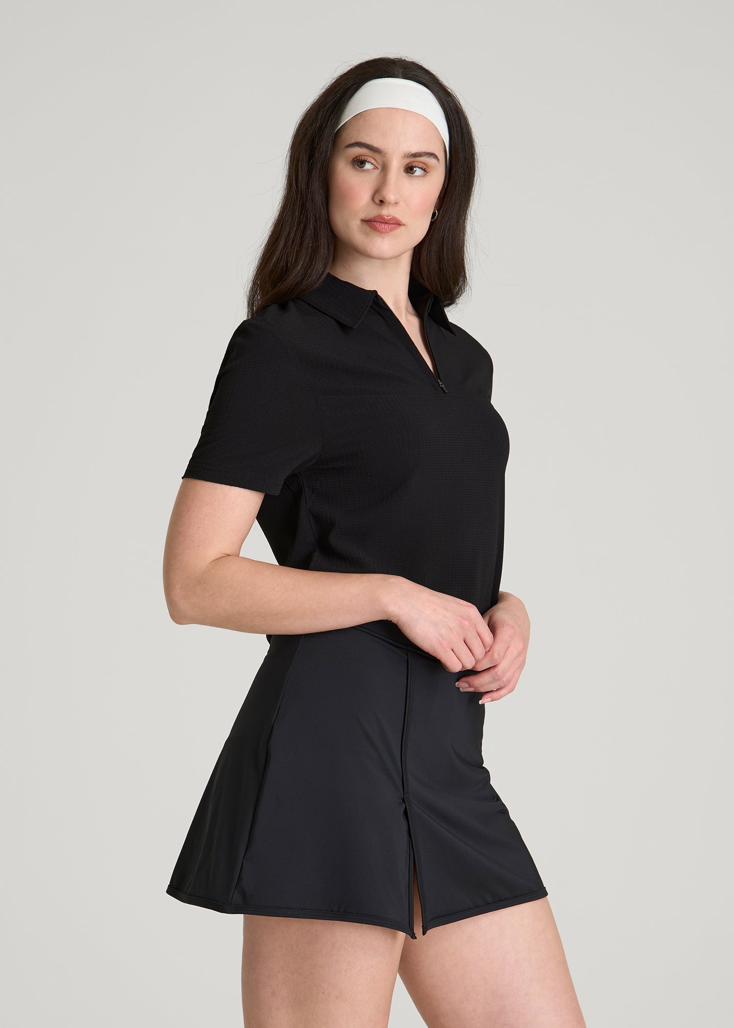 American Tall Women Coastal perforated short sleeve golf polo for Tall Women in Black