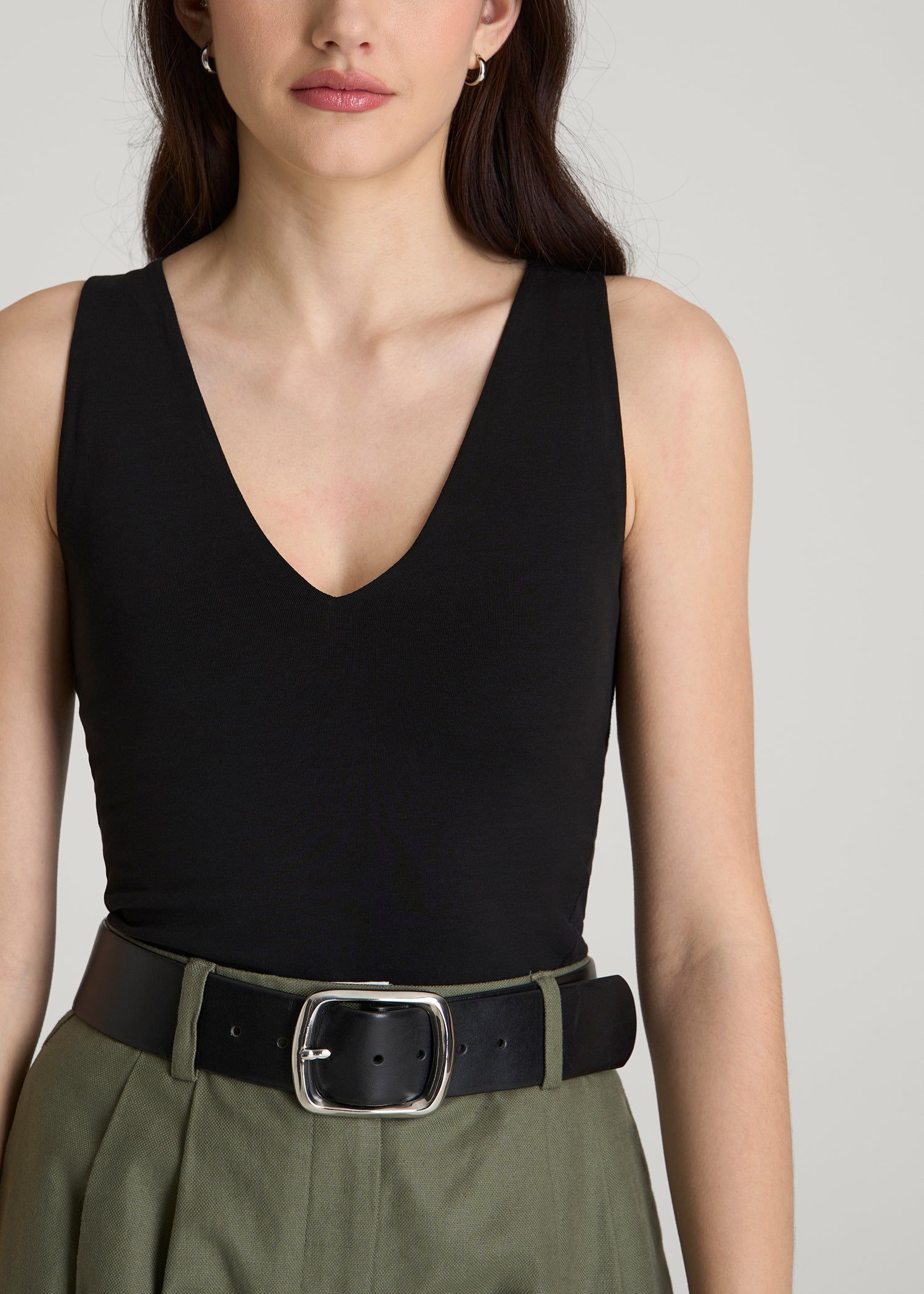 American Tall Women Cotton Blend Sleeveless V-Neck Bodysuit for Tall Women in Black