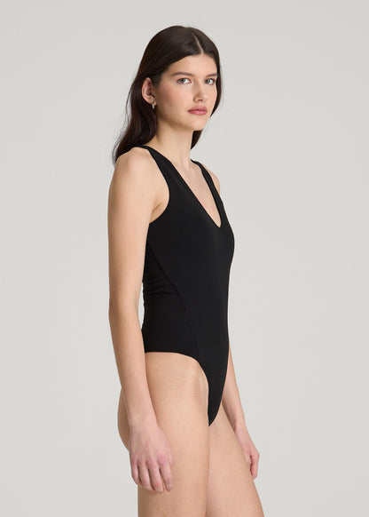 American Tall Women Cotton Blend Sleeveless V-Neck Bodysuit for Tall Women in Black
