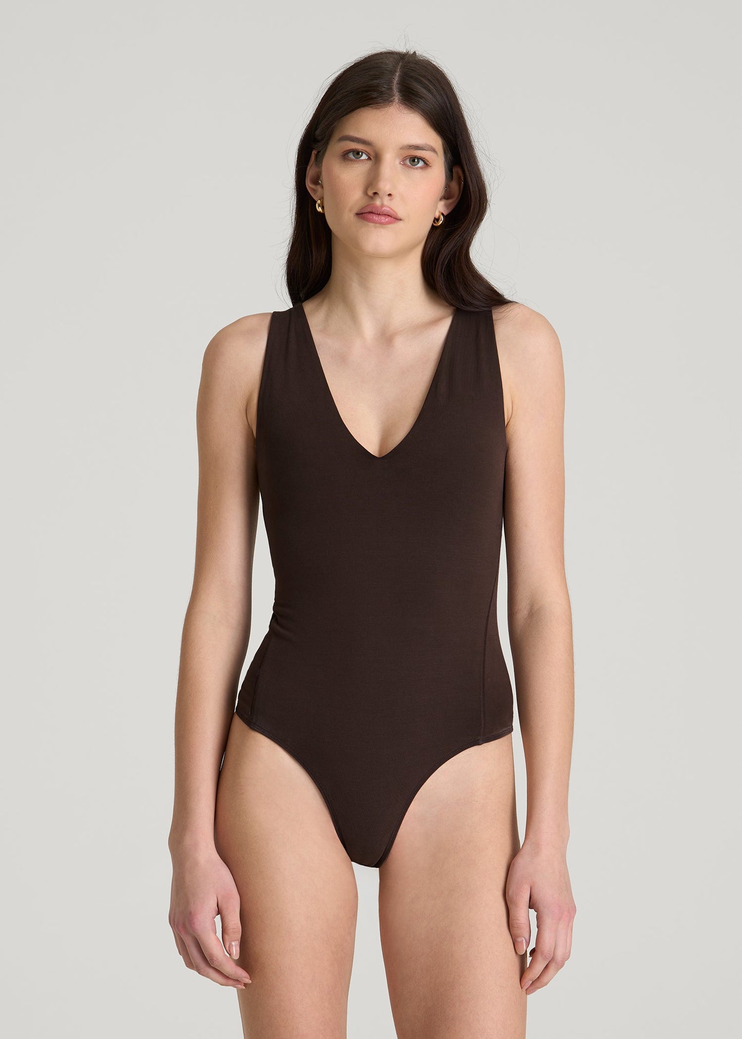 American Tall Women Cotton Blend Sleeveless V-Neck Bodysuit for Tall Women in Espresso