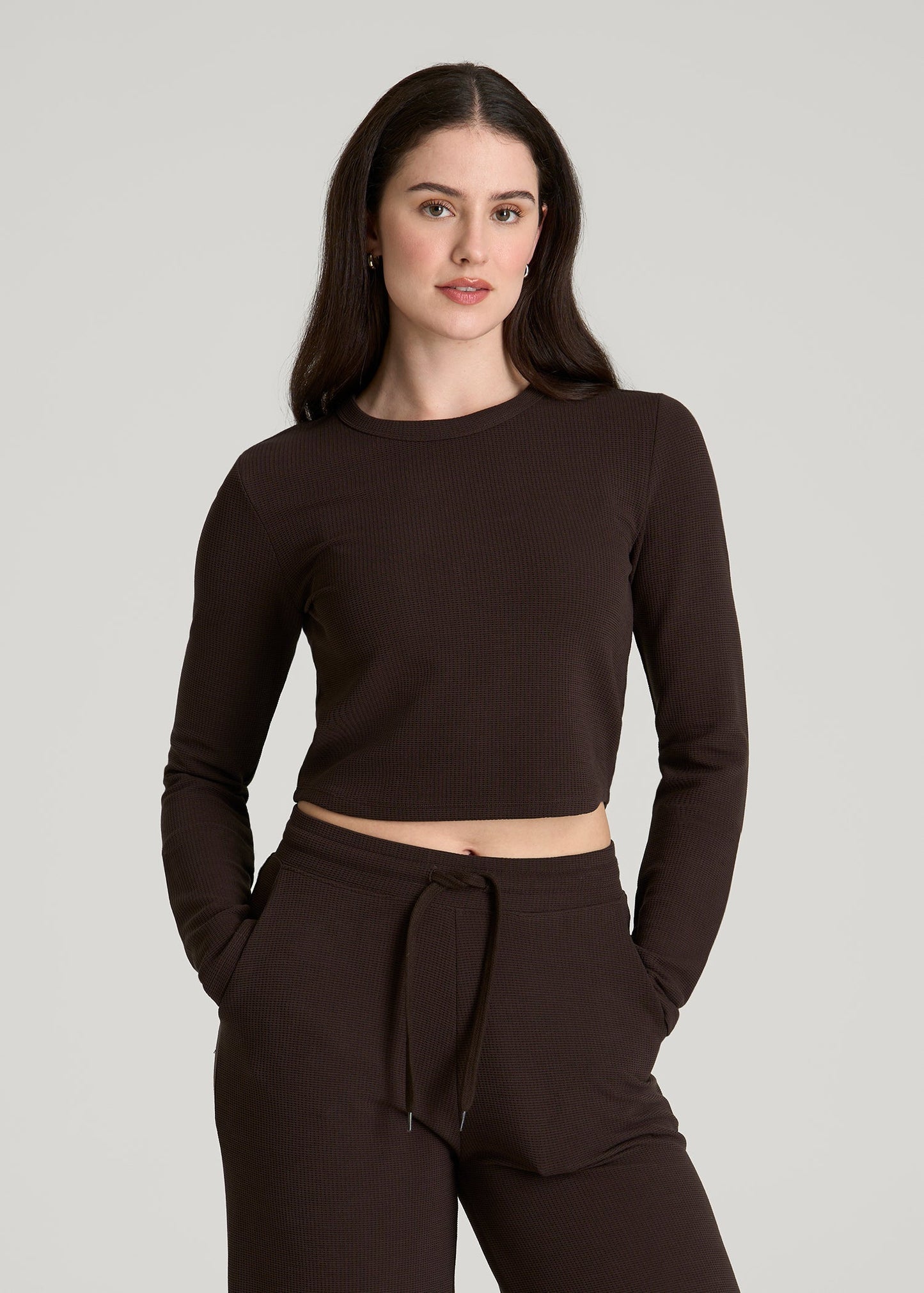 American Tall Women Cropped Long Sleeve Waffle Top for Tall Women in Espresso