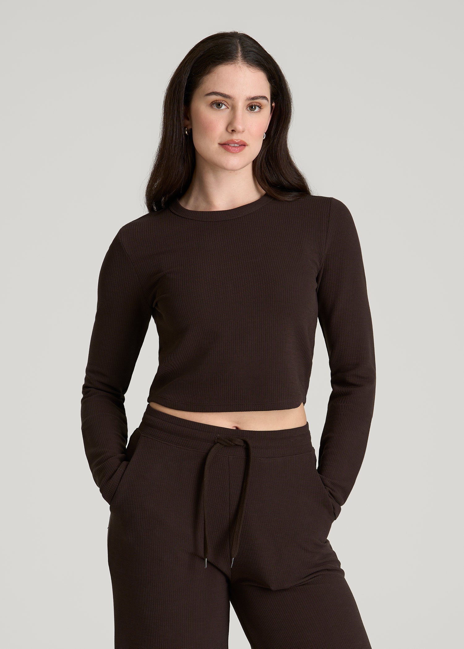 American Tall Women Cropped Long Sleeve Waffle Top for Tall Women in Espresso