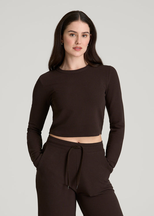 American Tall Women Cropped Long Sleeve Waffle Top for Tall Women in Espresso