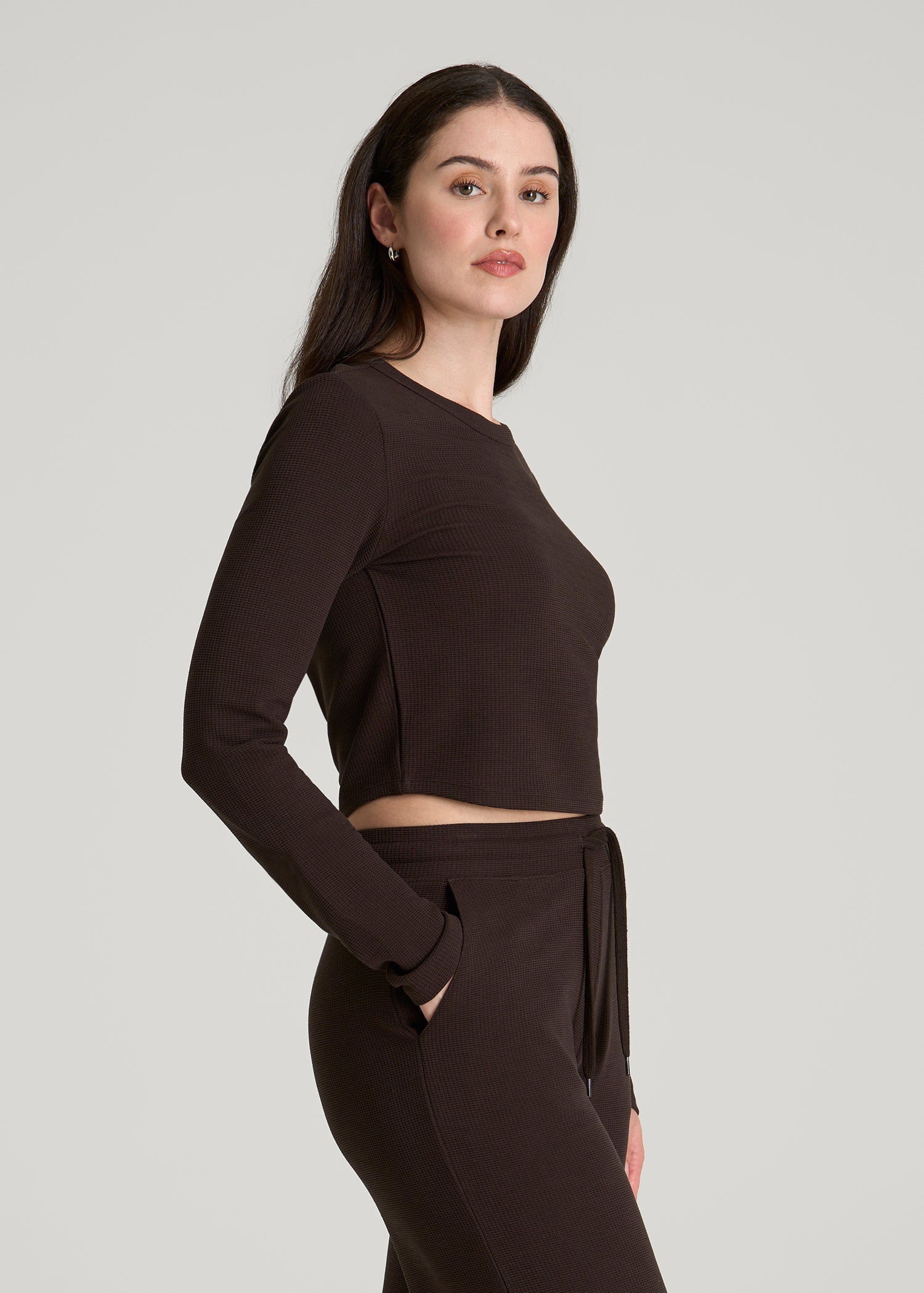 American Tall Women Cropped Long Sleeve Waffle Top for Tall Women in Espresso
