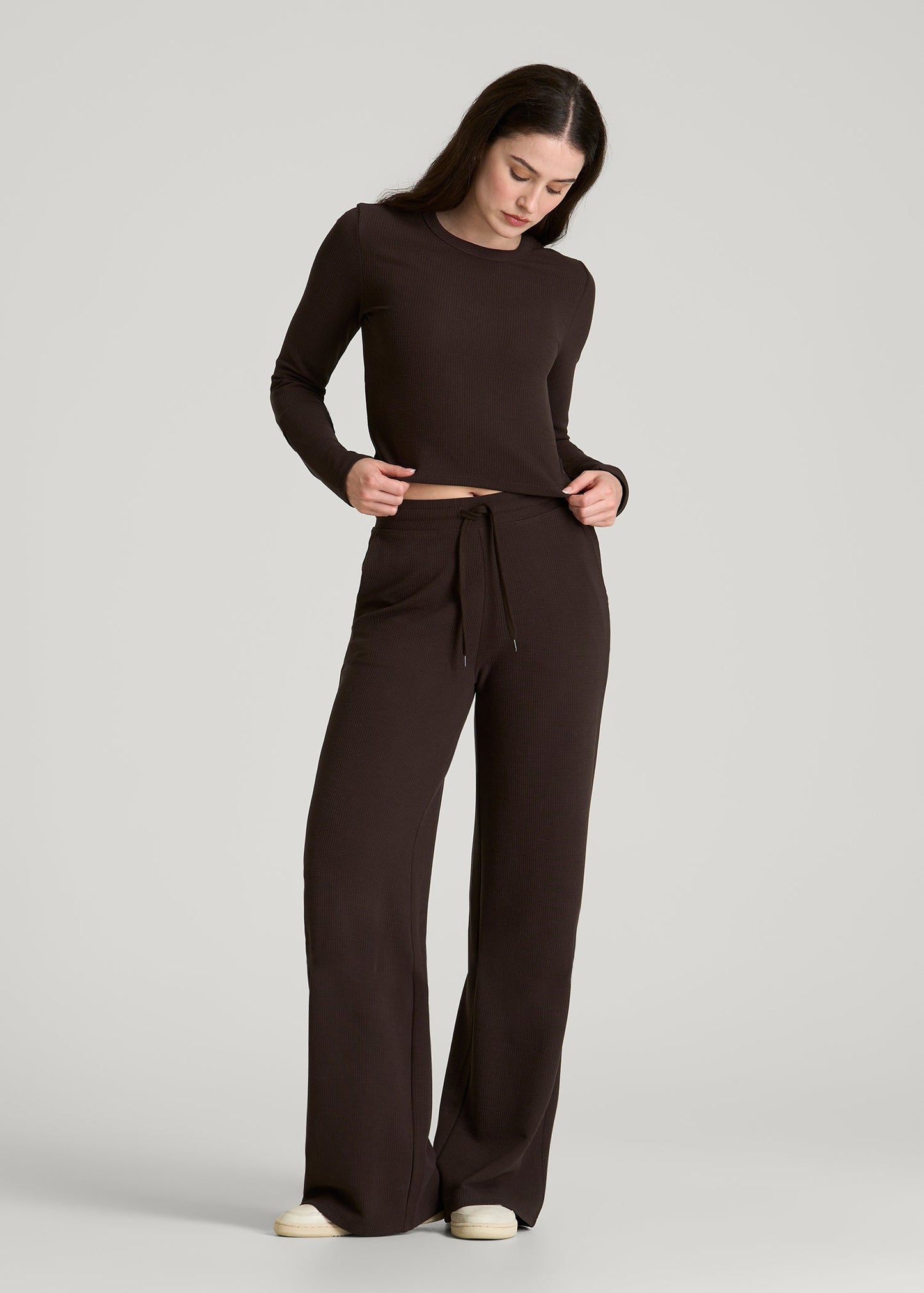 American Tall Women Cropped Long Sleeve Waffle Top for Tall Women in Espresso