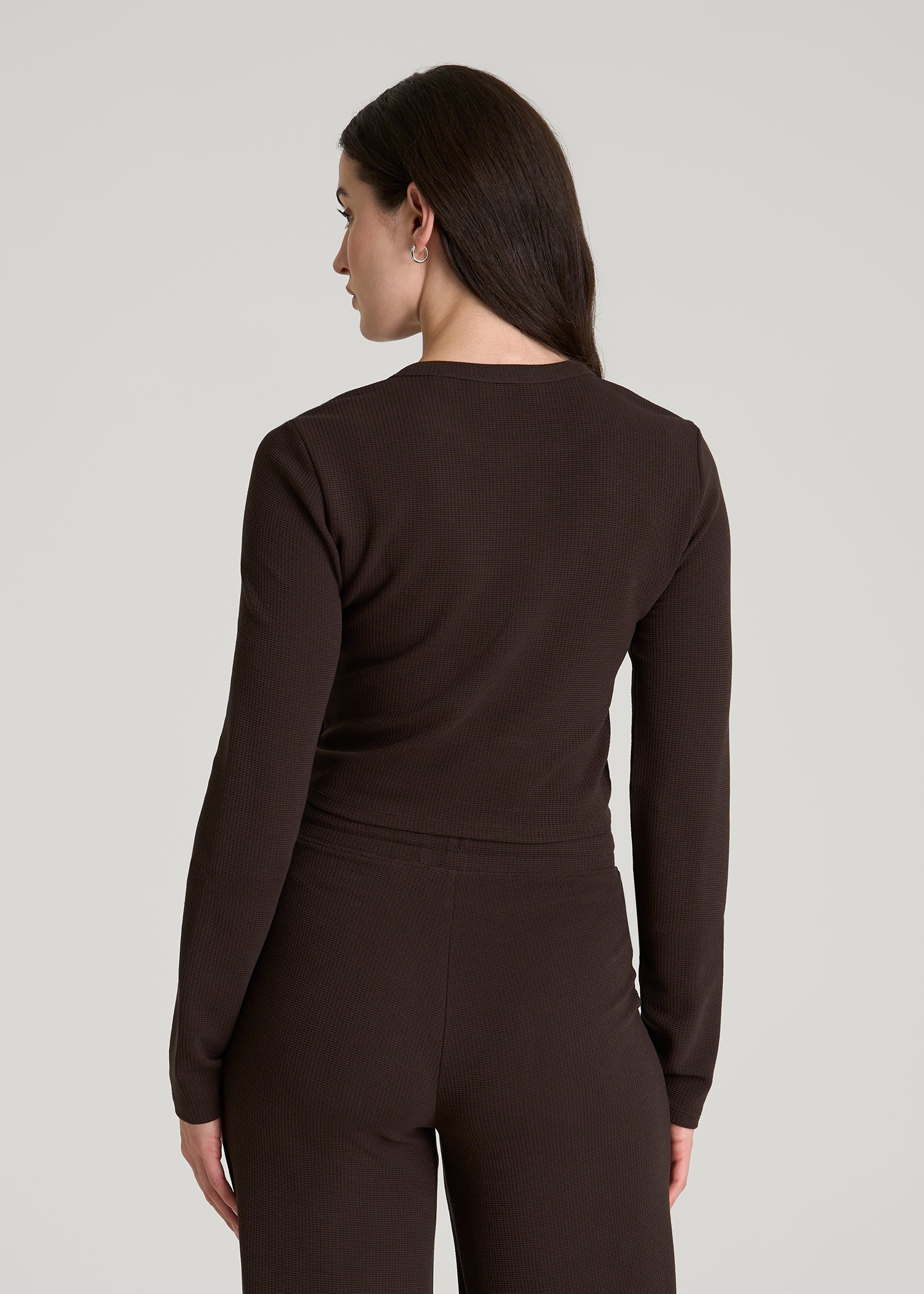 American Tall Women Cropped Long Sleeve Waffle Top for Tall Women in Espresso