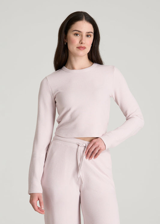 American Tall Women Cropped Long Sleeve Waffle Top for Tall Women in Grey Lilac
