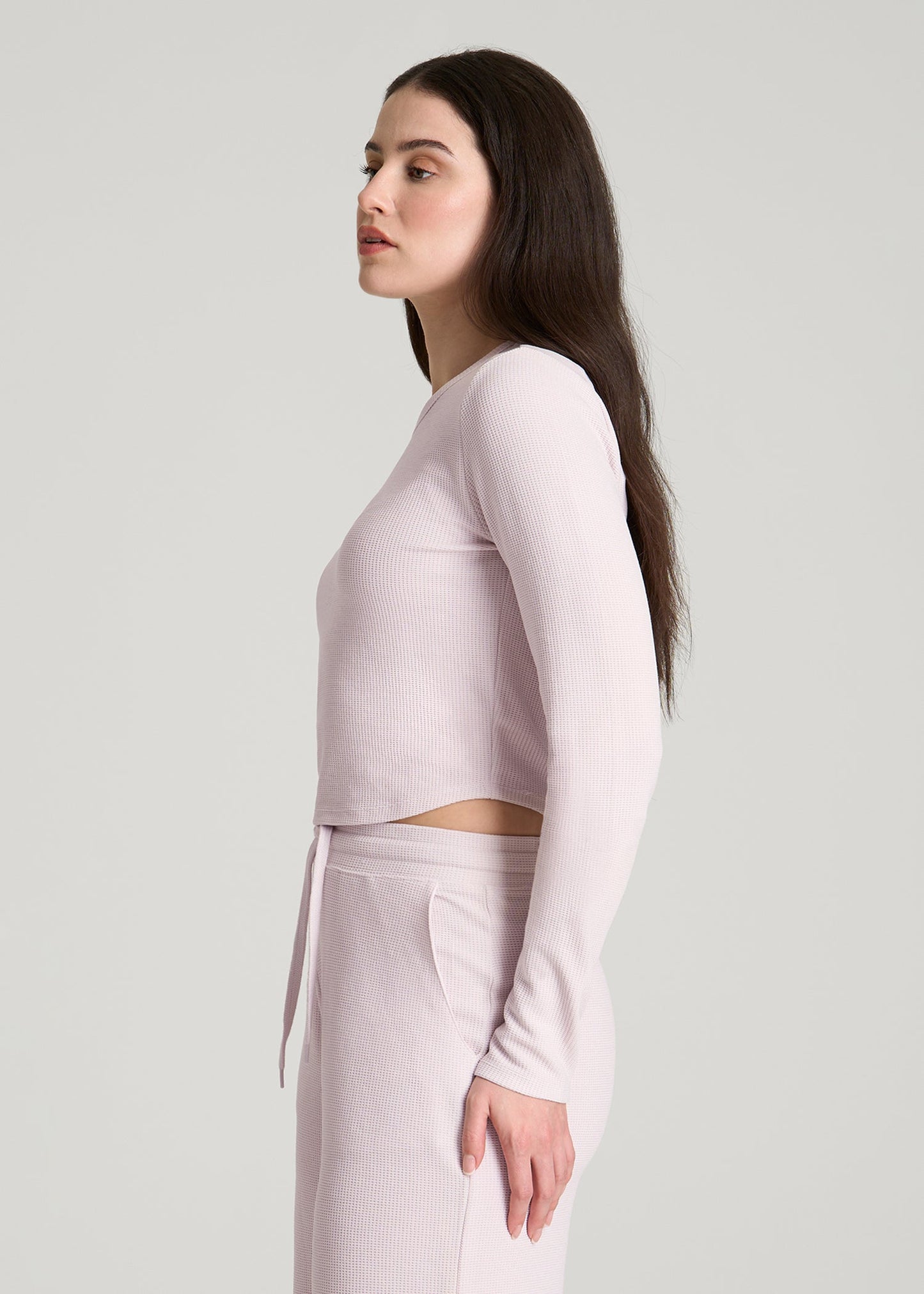 American Tall Women Cropped Long Sleeve Waffle Top for Tall Women in Grey Lilac