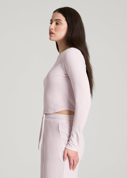 American Tall Women Cropped Long Sleeve Waffle Top for Tall Women in Grey Lilac