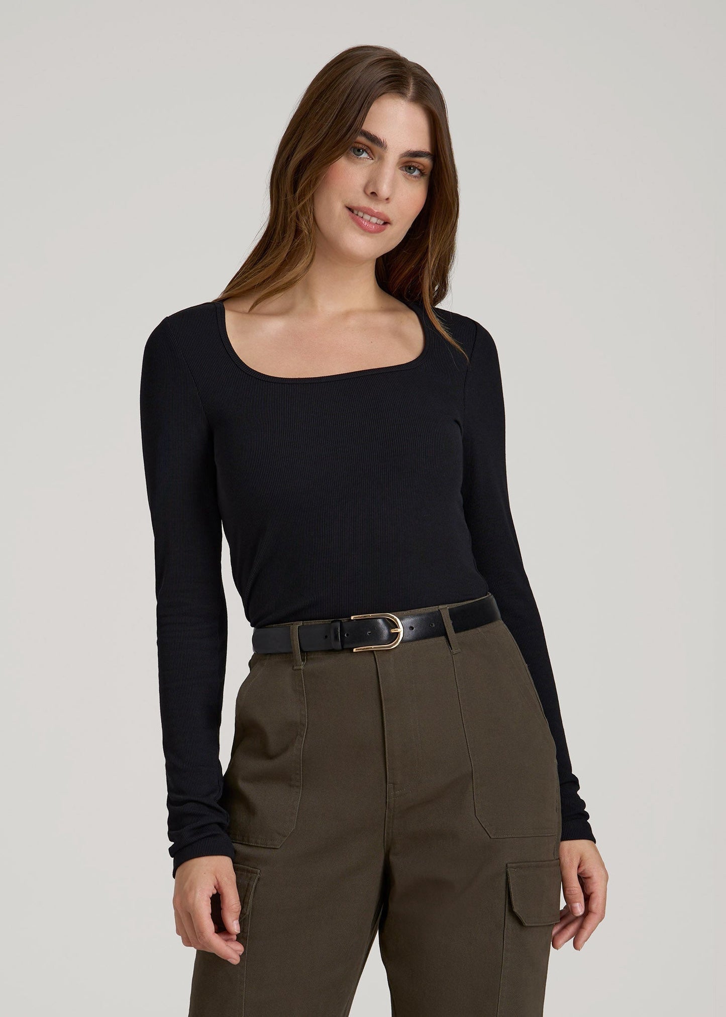 American Tall Women Long Sleeve Ribbed Square Neck Top for Tall Women in Black
