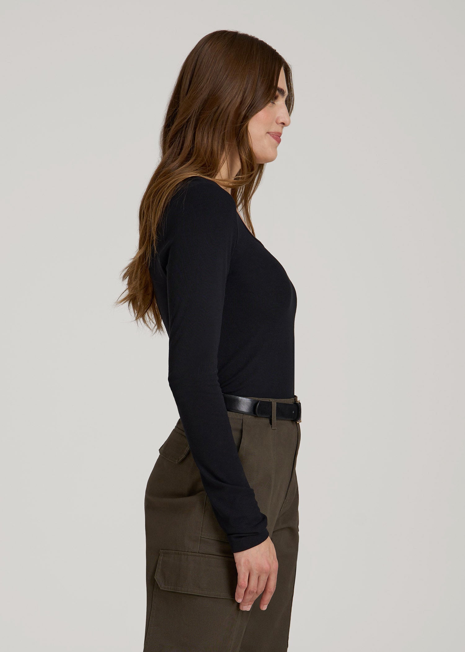 American Tall Women Long Sleeve Ribbed Square Neck Top for Tall Women in Black