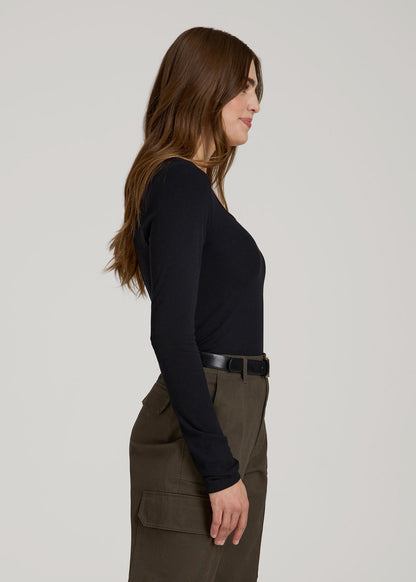 American Tall Women Long Sleeve Ribbed Square Neck Top for Tall Women in Black