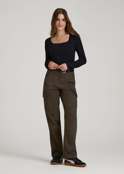 American Tall Women Long Sleeve Ribbed Square Neck Top for Tall Women in Black