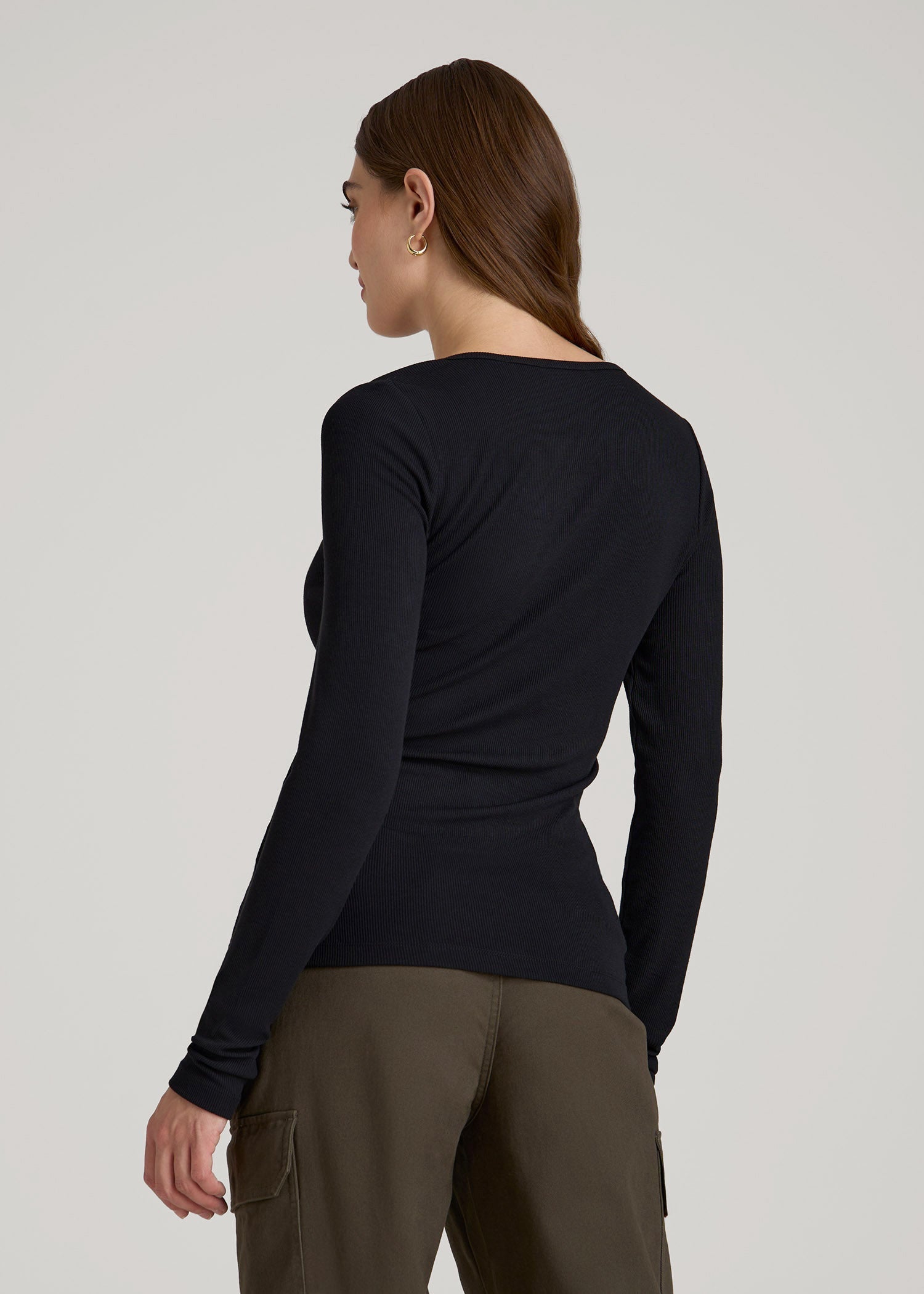 American Tall Women Long Sleeve Ribbed Square Neck Top for Tall Women in Black