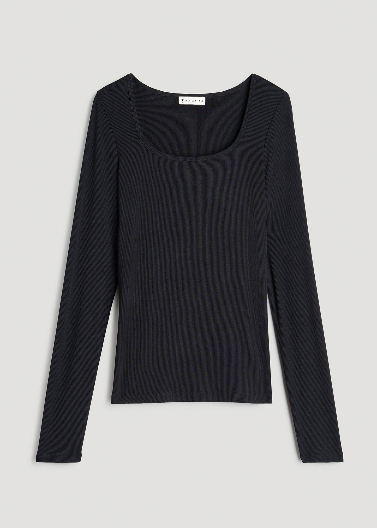 American Tall Women Long Sleeve Ribbed Square Neck Top for Tall Women in Black