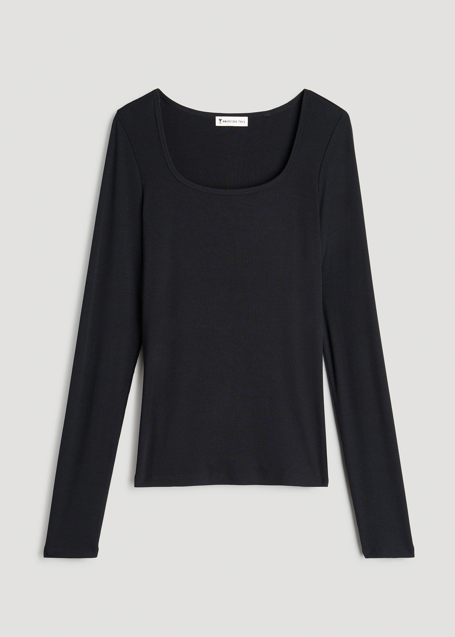 American Tall Women Long Sleeve Ribbed Square Neck Top for Tall Women in Black