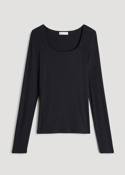 American Tall Women Long Sleeve Ribbed Square Neck Top for Tall Women in Black
