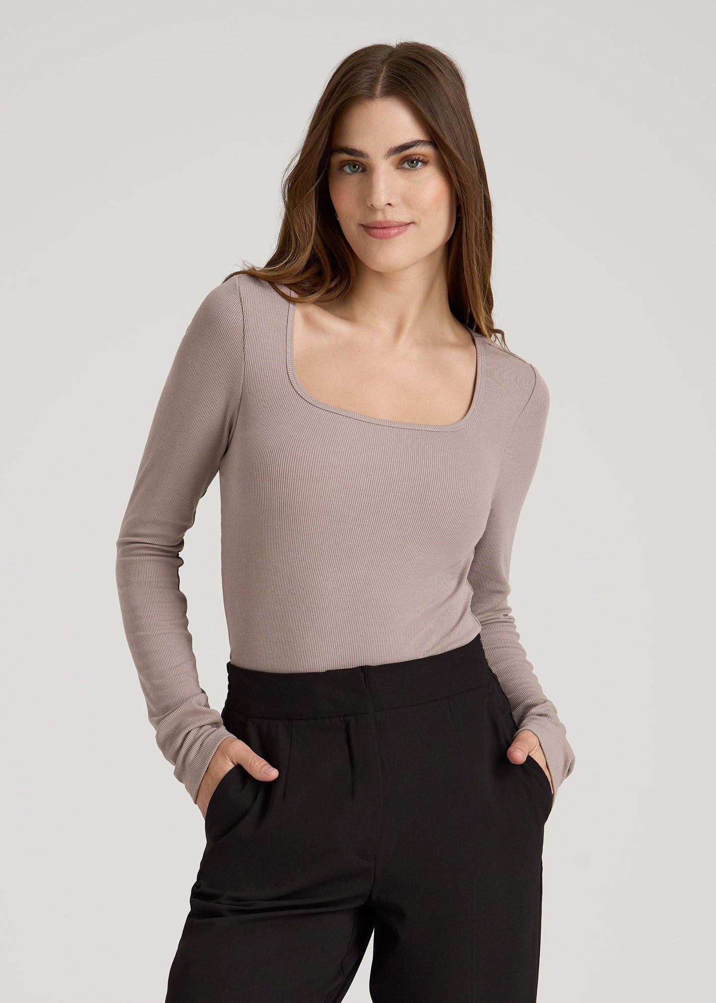 American Tall Women Long Sleeve Ribbed Square Neck Top for Tall Women in Truly Taupe