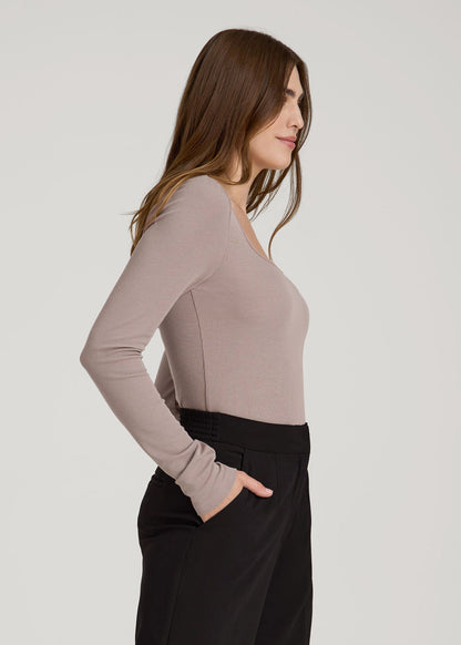 American Tall Women Long Sleeve Ribbed Square Neck Top for Tall Women in Truly Taupe
