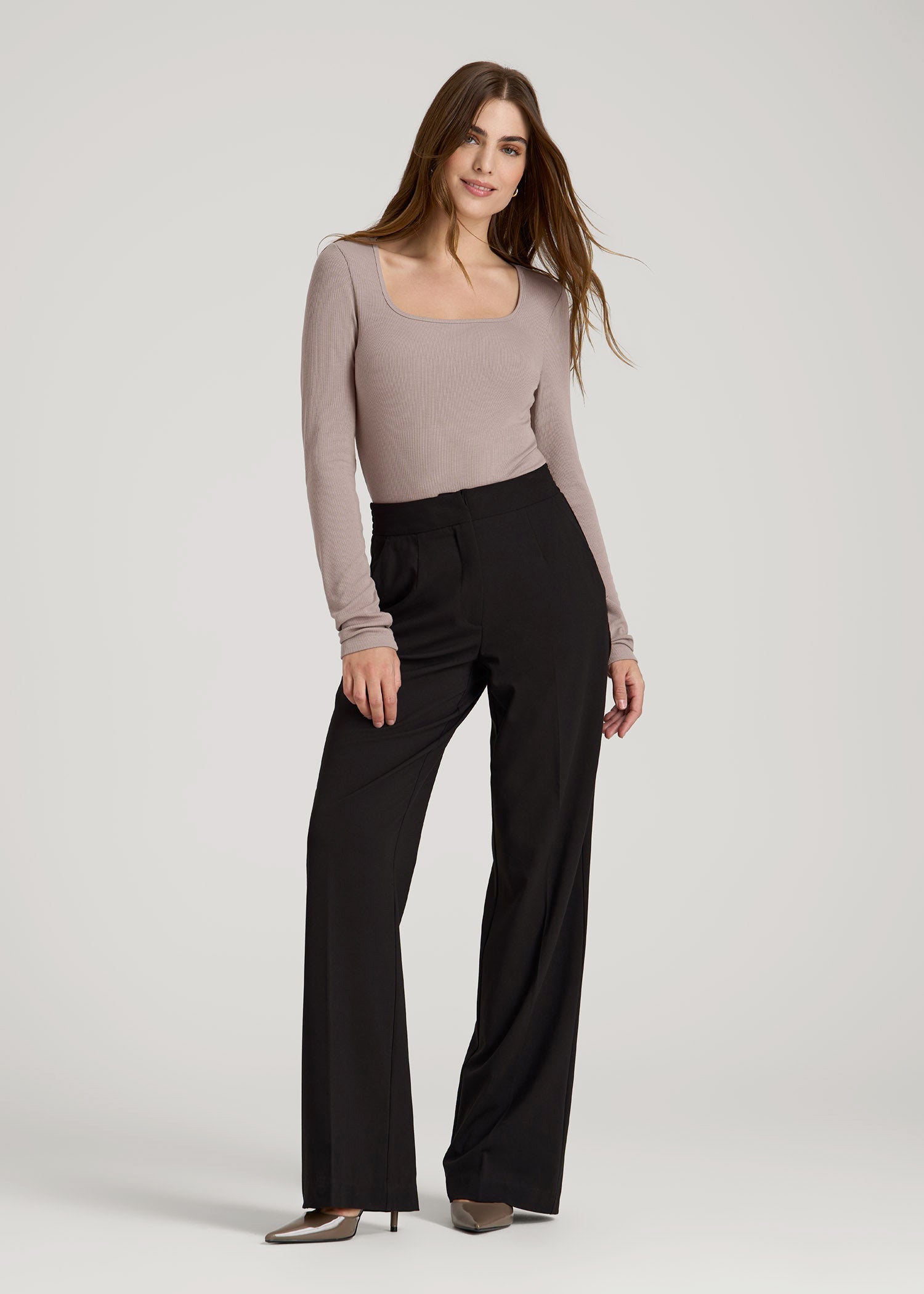 American Tall Women Long Sleeve Ribbed Square Neck Top for Tall Women in Truly Taupe